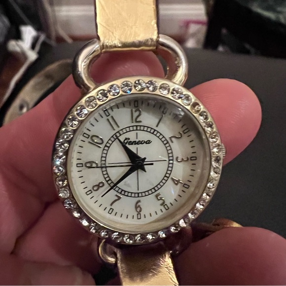 Gold Wrap Watch w/ Rhinestones & Mother of Pearl Face - Snap Button Close - Picture 11 of 12